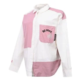 Camisa de manga comprida com padrão de flores, logótipo pequeno e blocos de cor, branca e rosa Camisa de manga comprida com padrão de flores, logótipo pequeno e blocos de cor, branca e rosa