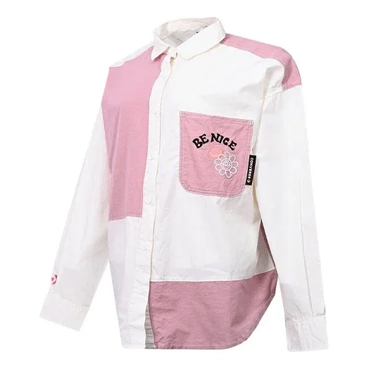 Camisa de manga comprida com padrão de flores, logótipo pequeno e blocos de cor, branca e rosa