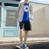 Camisa de manga curta às riscas com botões Tamanhos asiáticos “Azul”