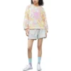 Camiseta de algodão com estampa floral desbotada e gola redonda Tamanhos asiáticos “Rosa”