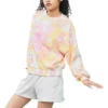 Camiseta de algodão com estampa floral desbotada e gola redonda Tamanhos asiáticos “Rosa”