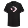 Camiseta folgada com estampa, gola redonda e manga curta, preta