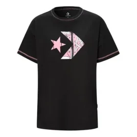 Camiseta folgada com estampa, gola redonda e manga curta, preta