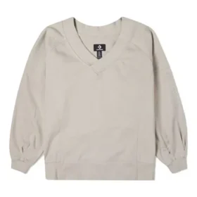 Camisola com capuz bege de malha solta e decote em V Camisola com capuz bege de malha solta e decote em V