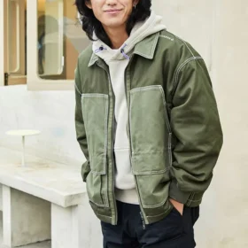 Casaco cargo de lona com bolso em blocos de cor, estilo para casal, verde-relva Casaco cargo de lona com bolso em blocos de cor, estilo para casal, verde-relva