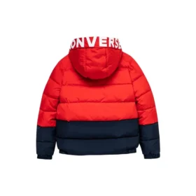 Casaco de penas com capuz e forro polar com emblema, tamanhos asiáticos “Vermelho Preto” Casaco de penas com capuz e forro polar com emblema, tamanhos asiáticos “Vermelho Preto”