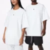 Cor sólida, corte largo, gola redonda, manga curta, estilo para casal, branco