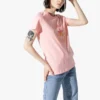 Estampado com padrão alfabético, gola redonda, manga curta, cor-de-rosa
