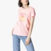 Estampado com padrão alfabético, gola redonda, manga curta, cor-de-rosa