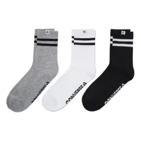 Meias de cano curto com riscas e logótipo, três pares “Preto Cinza Branco” Meias de cano curto com riscas e logótipo, três pares “Preto Cinza Branco”